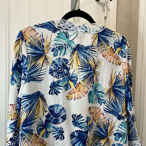 Chicos Size 1 Floral Tropical Palm Leaf Open Front Waterfall Cardigan Kimono M - Picture 9 of 11